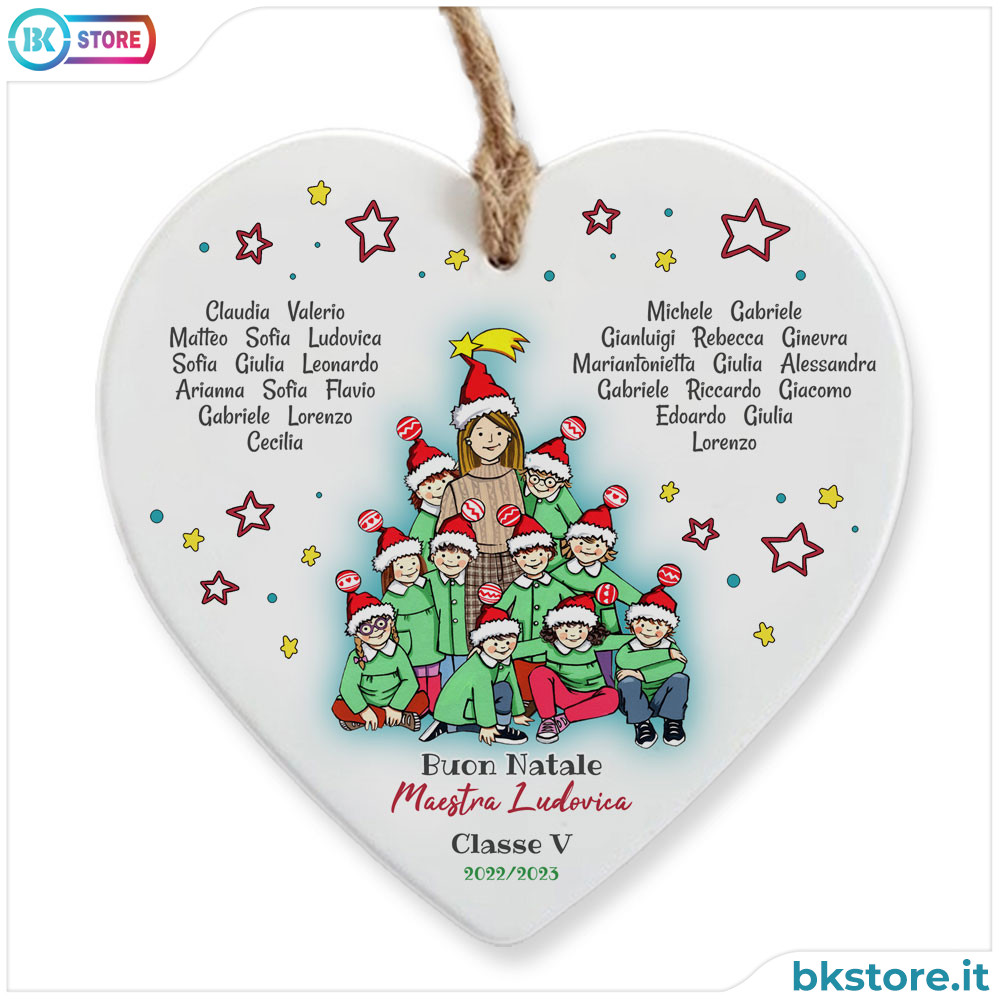 Cuore in ceramica regalo di Natale per la maestra, con avatar maestra e nomi bambini