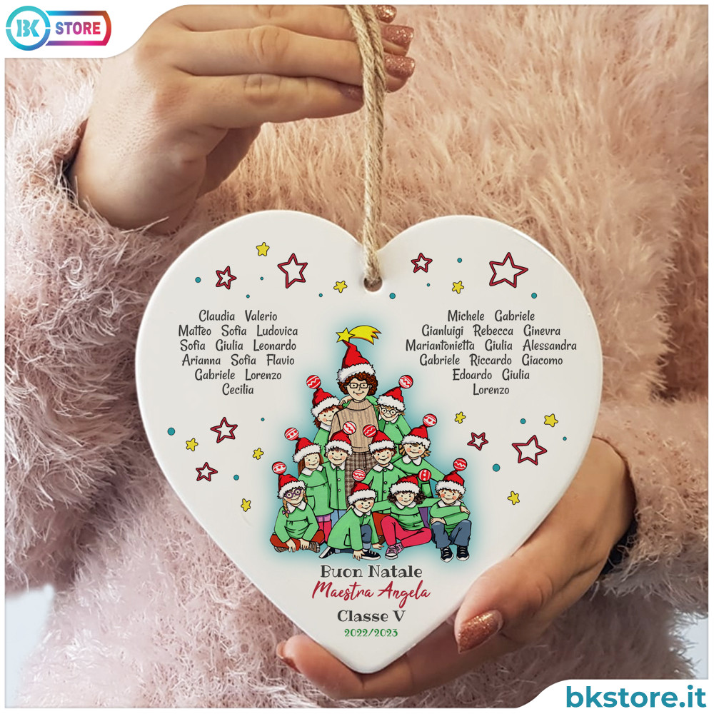 Cuore in ceramica regalo di Natale per la maestra, con avatar maestra e nomi bambini
