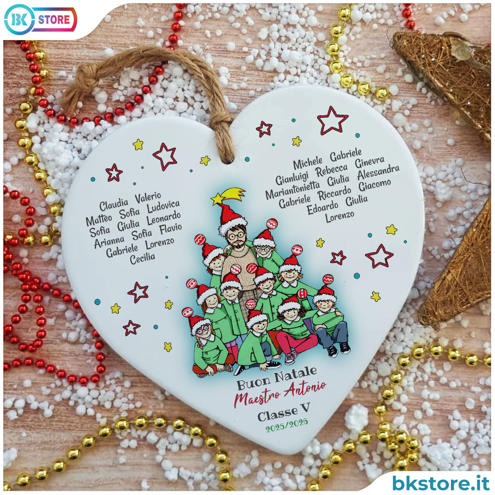 Cuore in ceramica natalizio con maestro personalizzato e nomi