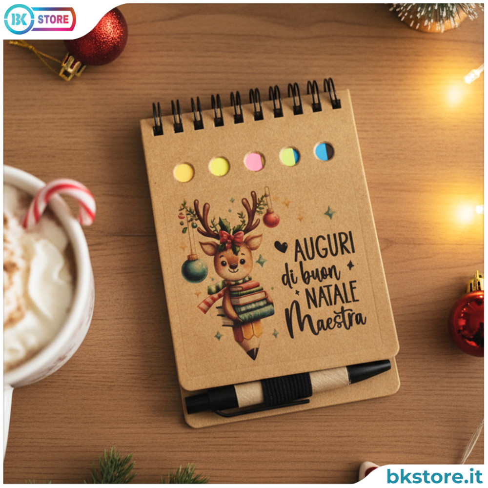 Idea regalo Natale maestre, blocchetto appunti con post-it e penna in cartone riciclato e plastica biodegradabile