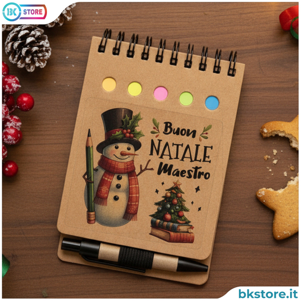 Idea regalo Natale maestro, blocchetto appunti con post-it e penna in cartone riciclato e plastica biodegradabile