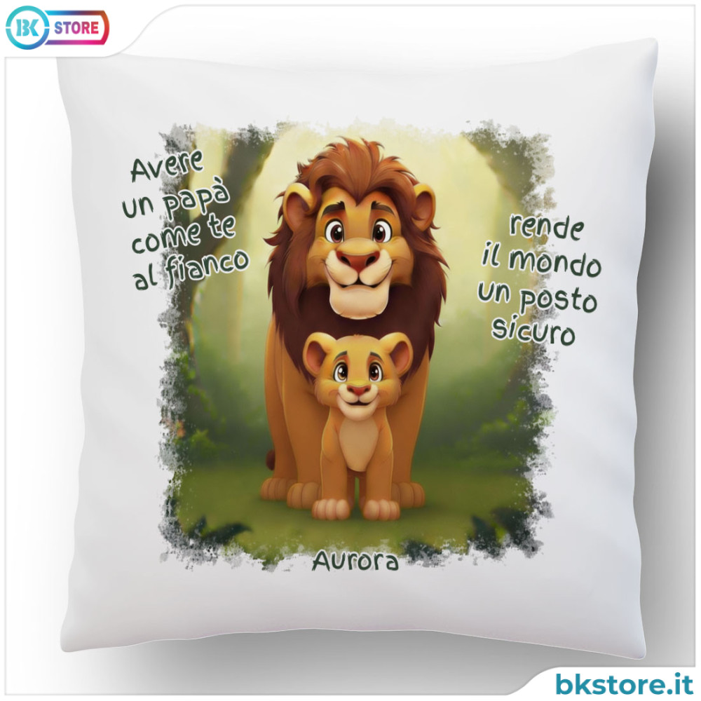 Idea regalo festa del papà, cuscino personalizzato con papà leone e leoncini