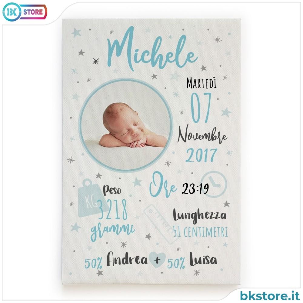 Quadro nascita bambino, in tela canvas con foto e dati nascita