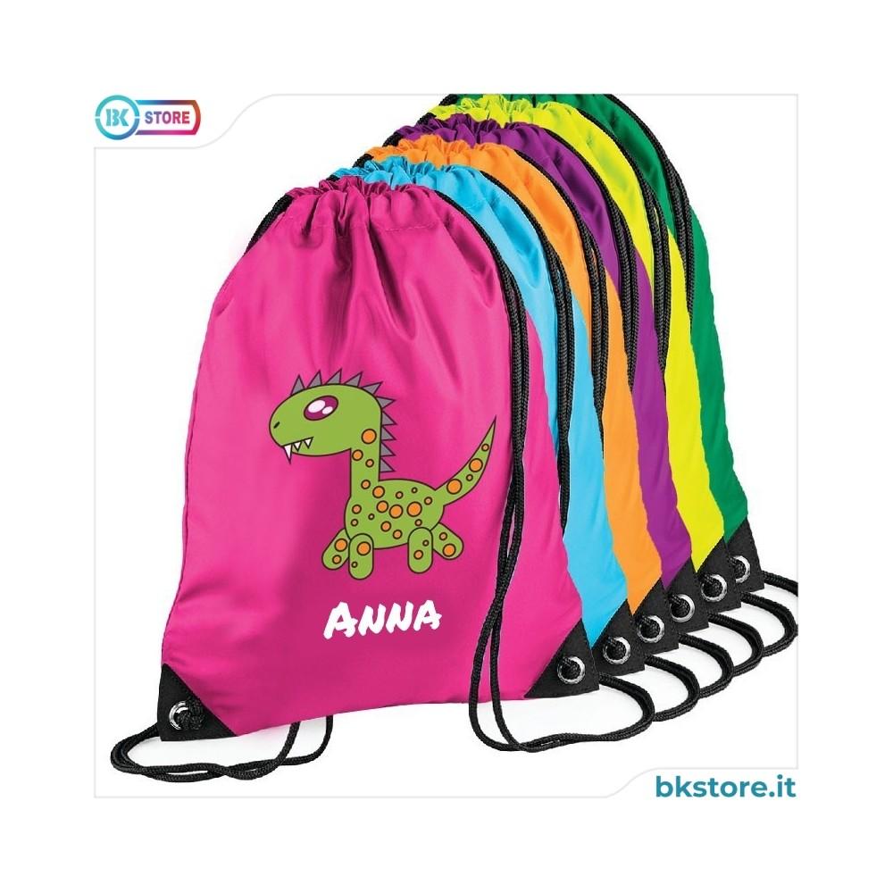 Sacca zainetto per bambini per la scuola materna o asilo nido, personalizzata con dinosauro e nome
