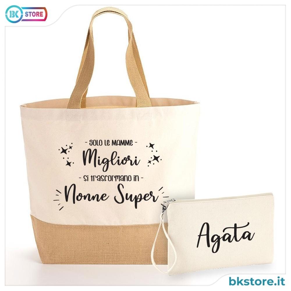 Borsa Shopper e pochette regalo personalizzato per la nonna SUPER, in cotone e juta