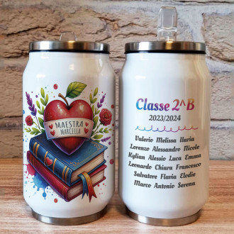 Borraccia lattina regalo per la maestra personalizzato con libri, mela, nome insegnante e nomi alunni