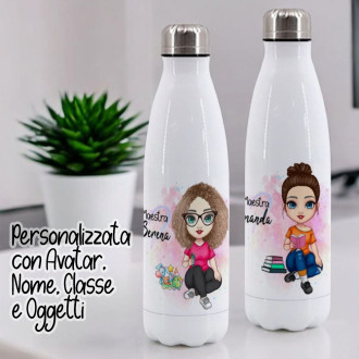 Borraccia in acciaio inox termica con maestra avatar personalizzato, con nomi bambini