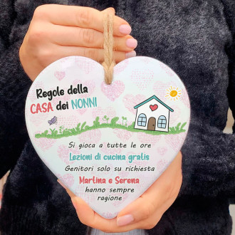 Cuore in ceramica regalo per la festa dei nonni "Regole della casa dei nonni" con nomi dei nipoti o nipote