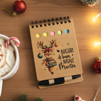 Idea regalo Natale maestre, blocchetto appunti con post-it e penna in cartone riciclato e plastica biodegradabile